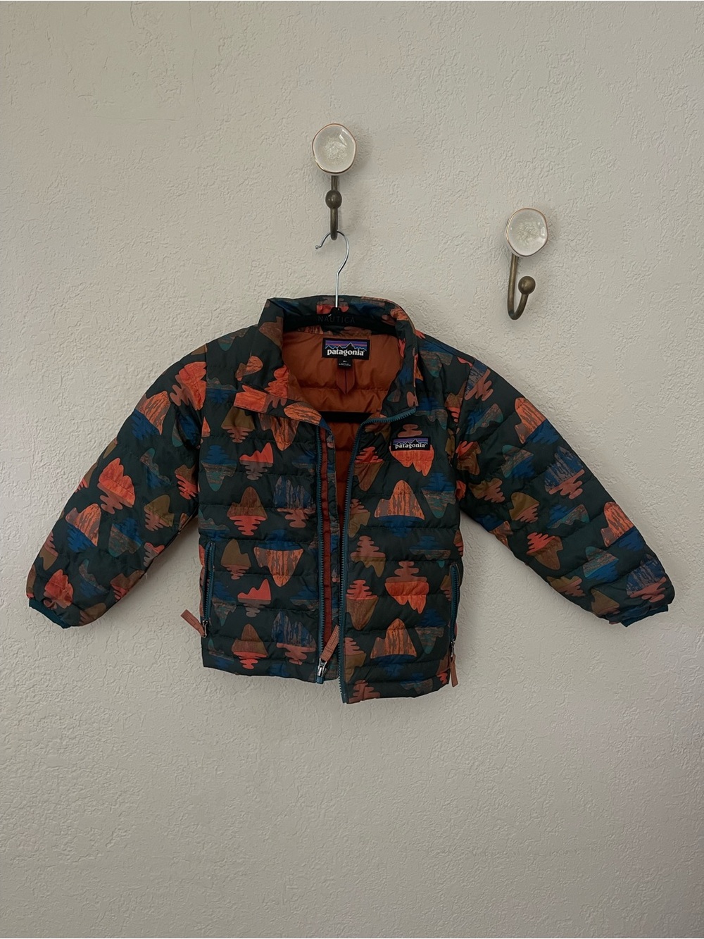 Nautica Kids Puffer Jacket in Forest Green with Orange and Blue Print